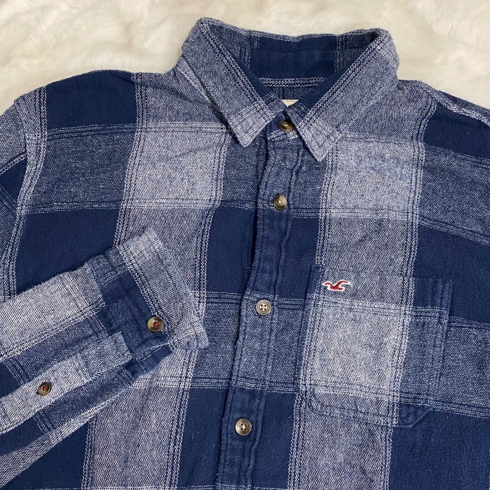 Hollister Mens Blue Plaid Cotton Flannel Button Down Shirt Medium Grunge Preppy